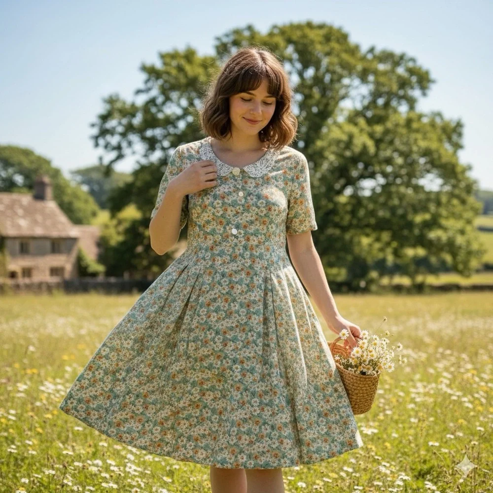Vintage Sister Sister Floral Dress Size 12 Daisy Print Lace Collar Cottagecore‎